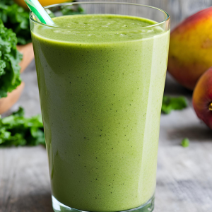 green smoothie in glass cup with paper straw. Kale and mangoes in the background.