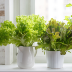 10 Veggies You Can Grow Indoors - Lettuce growing in white containers by a window.