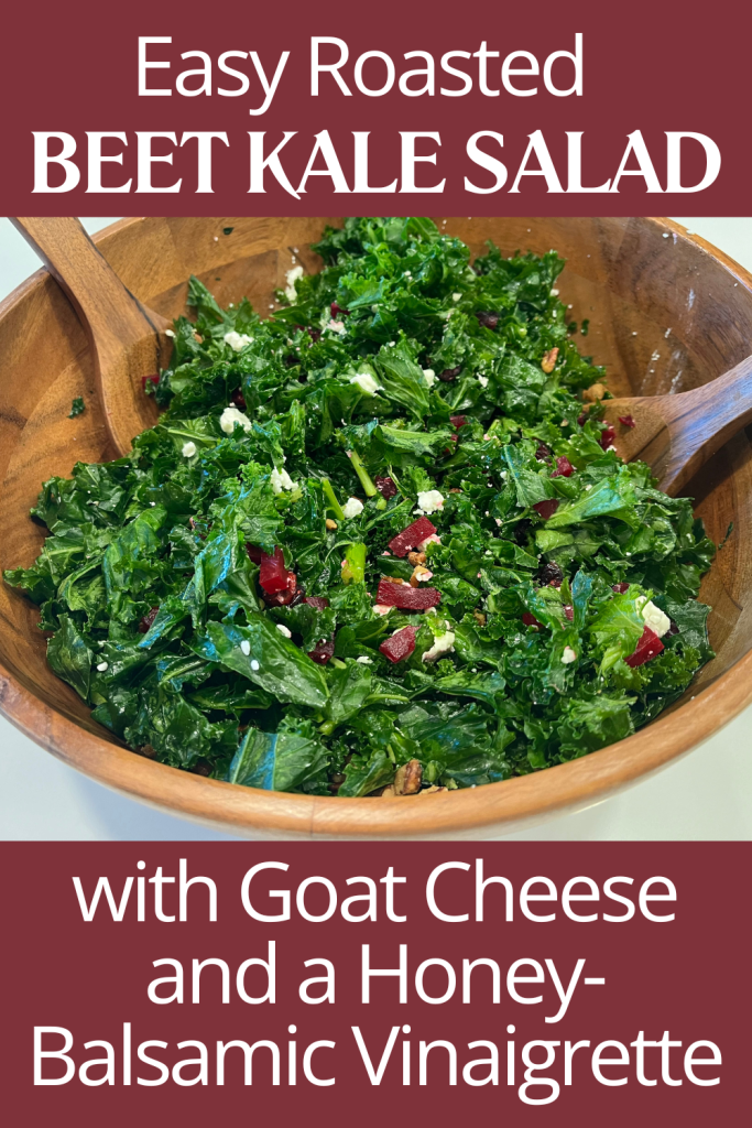 image of kale beet salad in a wooden salad bowl.