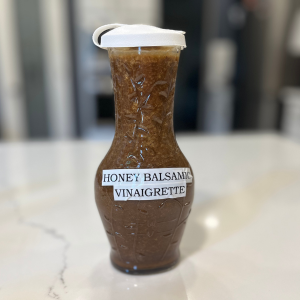Honey Balsamic Vinaigrette in a dressing bottled labeled