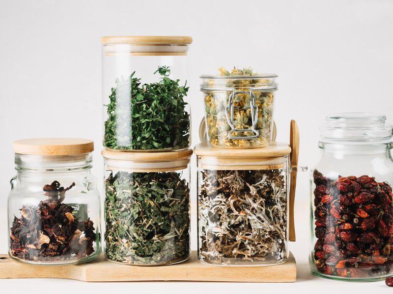 Storing dried herbs in airtight containers