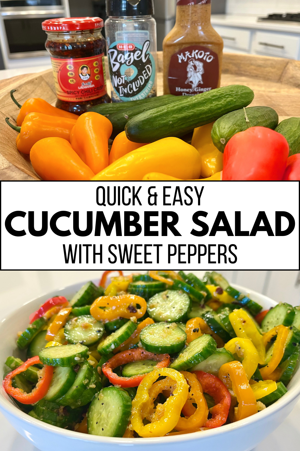 Quick and Easy Cucumber Salad With Sweet Peppers Recipe. Images of ingredients including cucumbers, peppers, and seasonings.