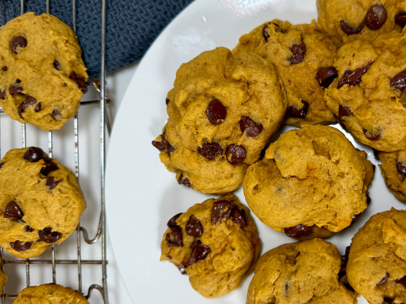 pumpkin chocolate chip cookies cooling on cooling rack