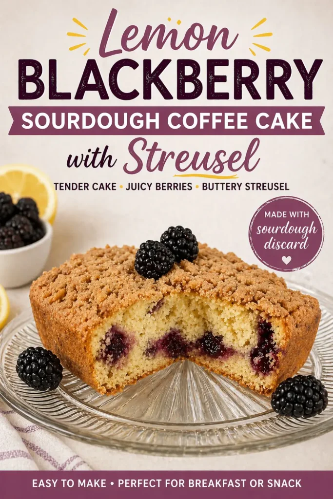 A square lemon blackberry sourdough coffee cake with streusel topping on a glass cake stand. Text reads Lemon Blackberry Sourdough Coffee Cake with Streusel, Made with Sourdough Discard, Easy to Make, Perfect for Breakfast or Snack.
