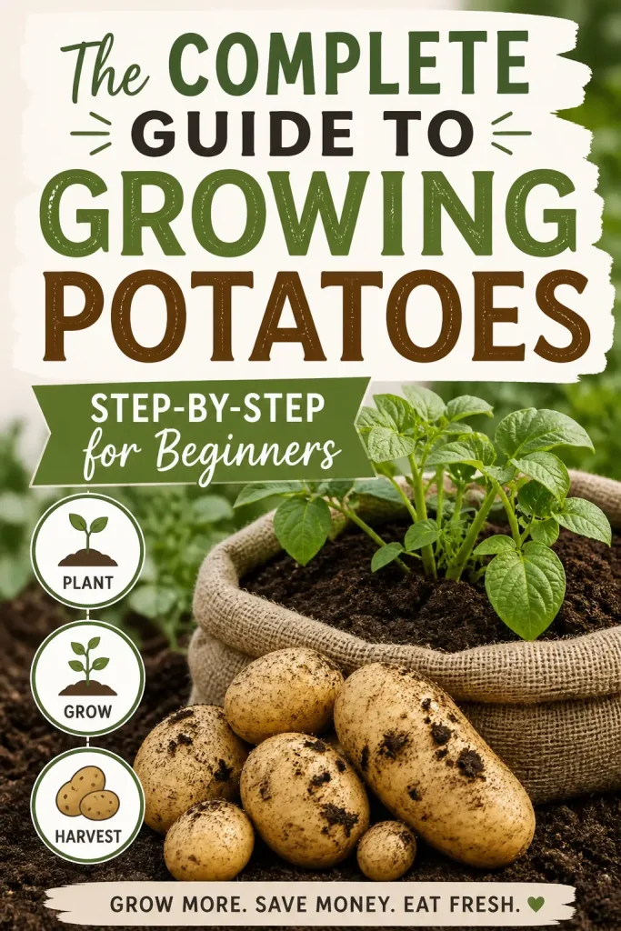 How to grow potatoes infographic with steps for planting, growing, and harvesting potatoes at home.