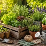 Rustic budget-friendly garden scene featuring healthy herbs and vegetables growing in wooden crates, terracotta pots, and metal containers. Gardening gloves, seedling pots, twine, a hand trowel, and a watering can are arranged on a weathered wooden table with a lush green garden background in warm sunlight.
